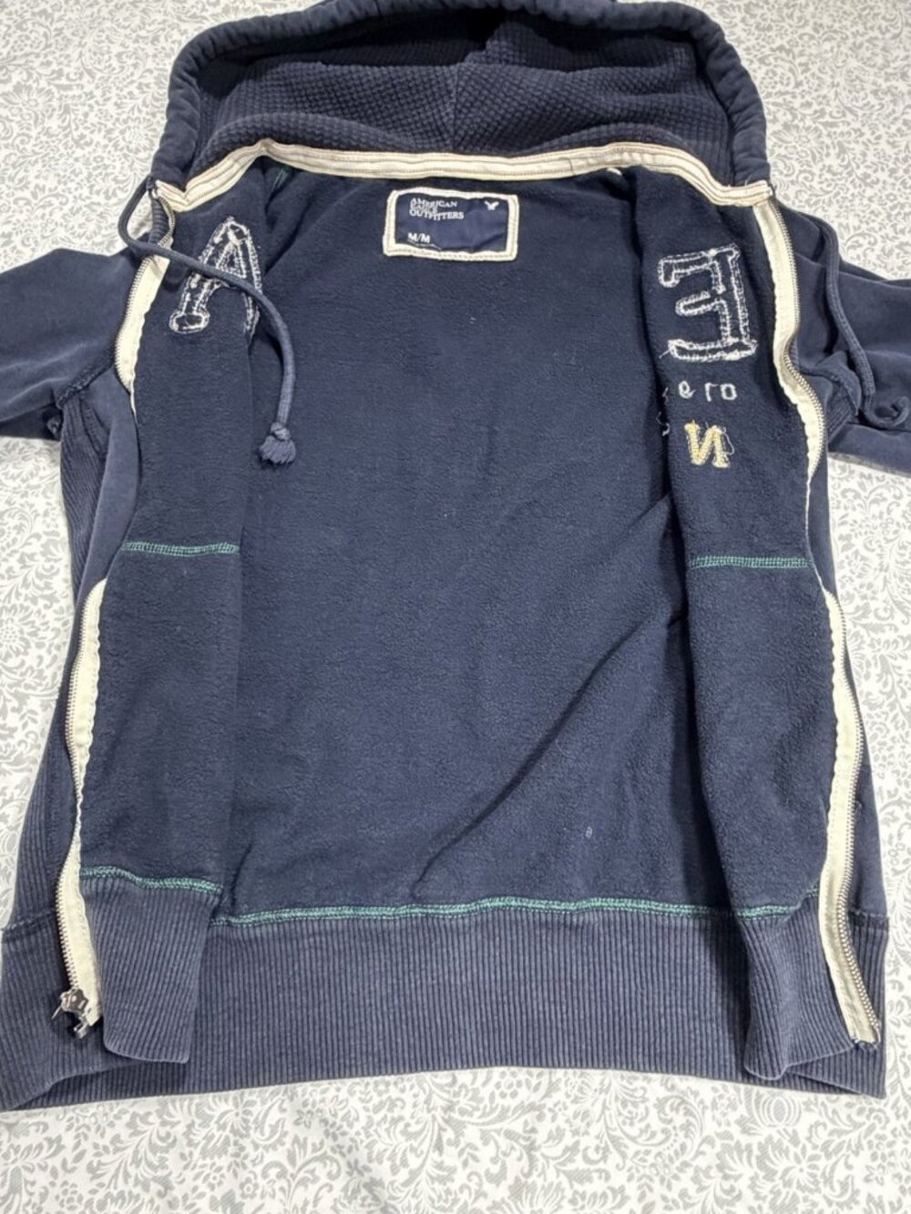 Vintage Y2K American Eagle Hoodie Mens Medium Blue Fleece Full Zip AE NY Graphic - Picture 5 of 10